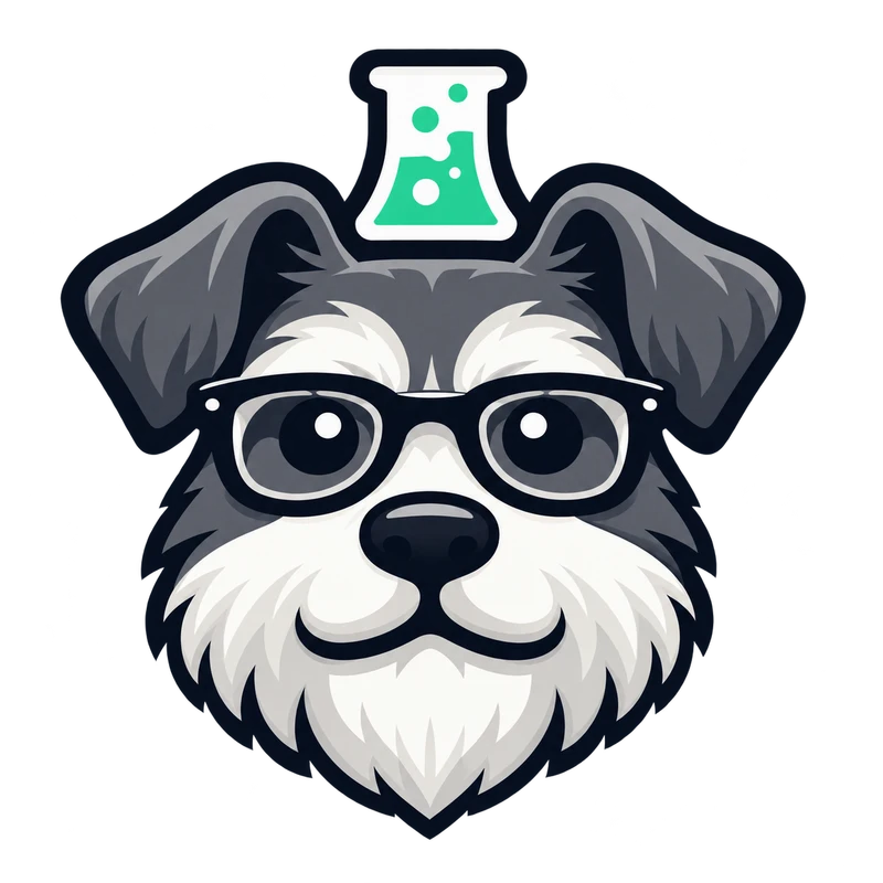 TopDog Labs salt-and-pepper miniature schnauzer wearing glasses, with a mint laboratory flask